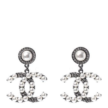 Chanel Pearl Crystal CC Drop Earrings Silver 1 of 4