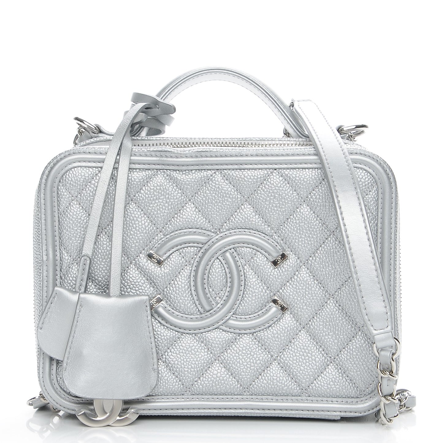 Metallic Caviar Quilted Medium CC Filigree Vanity Case Silver