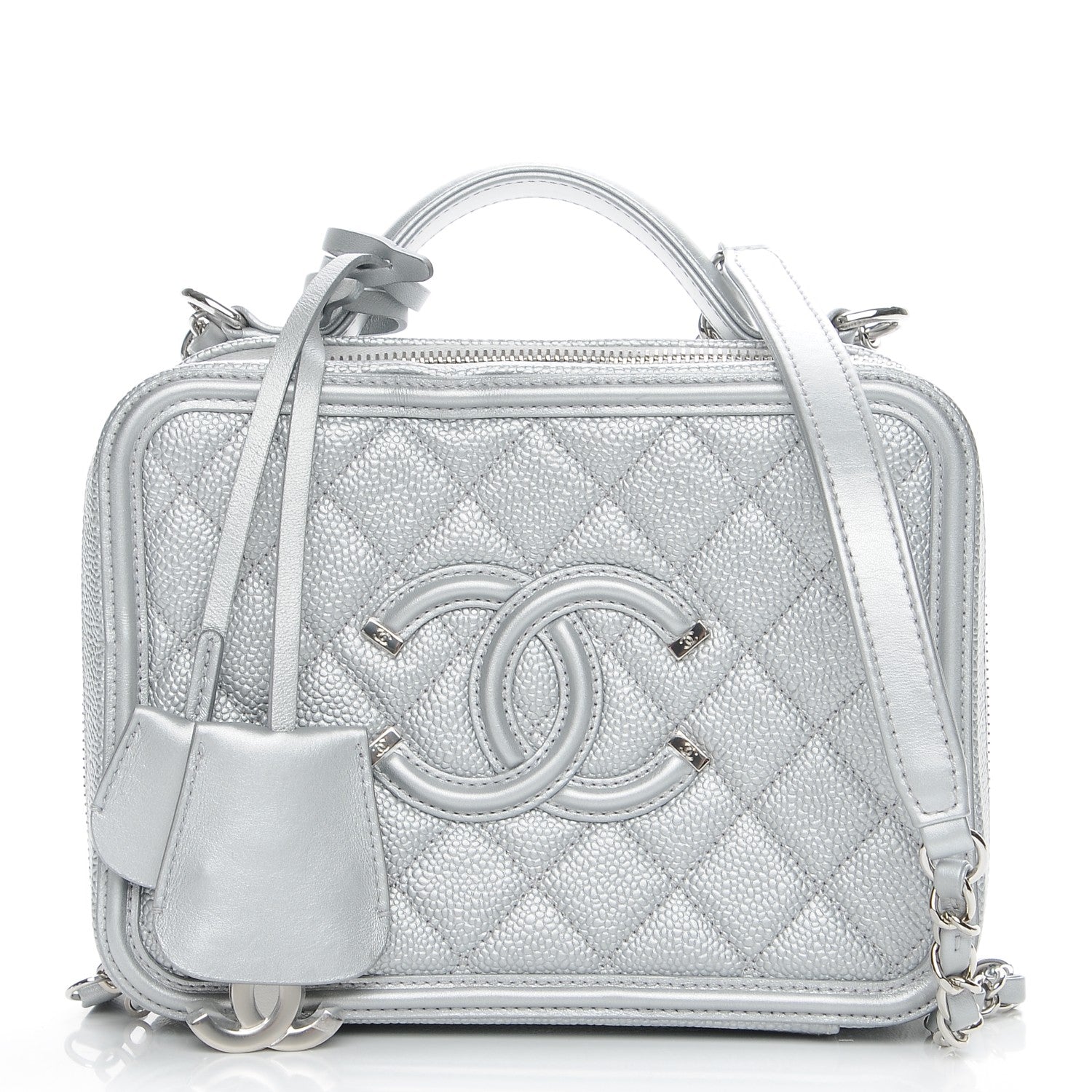Chanel Metallic Caviar Quilted Medium CC Filigree Vanity Case Silver 1 of 9