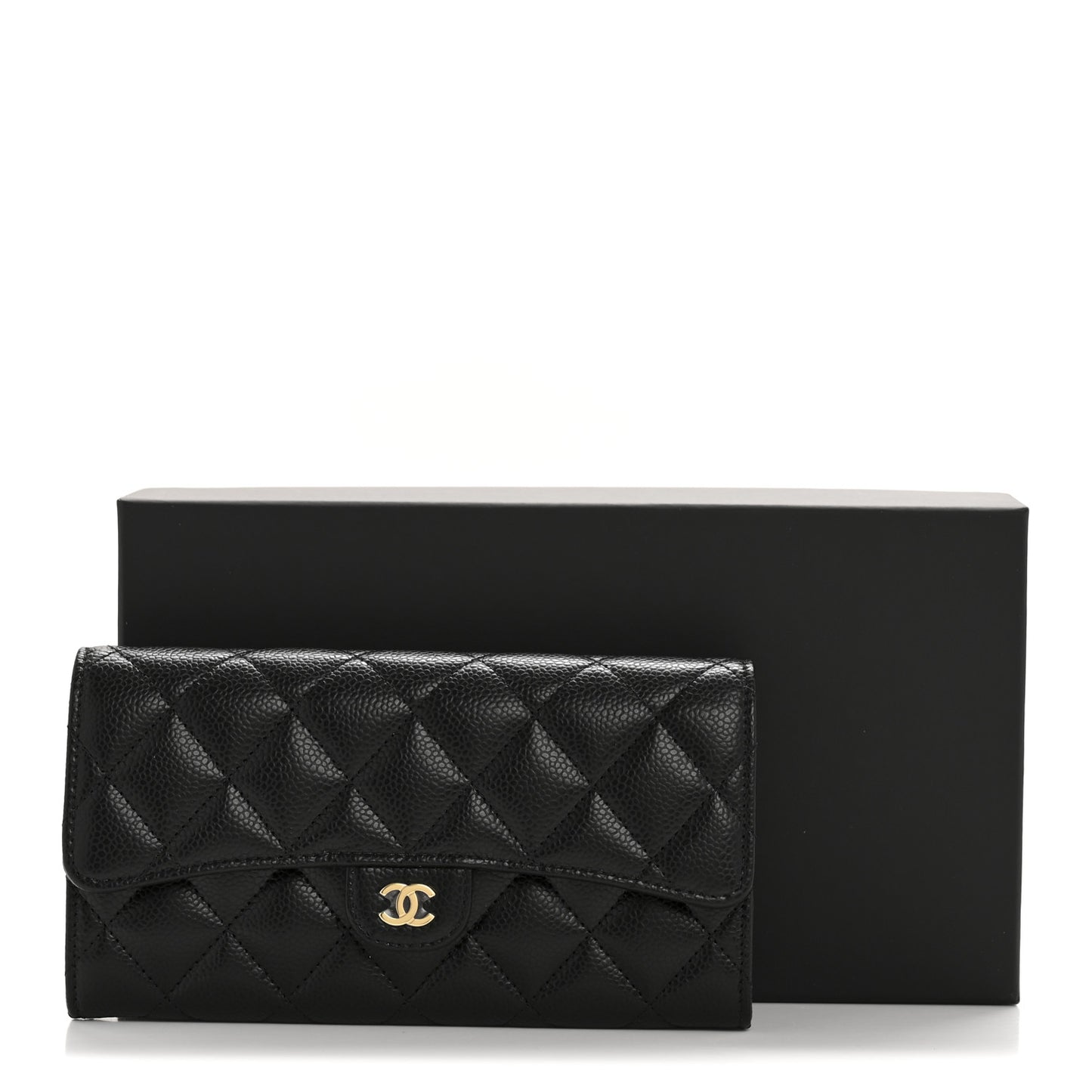 Caviar Quilted Large Gusset Flap Wallet Black
