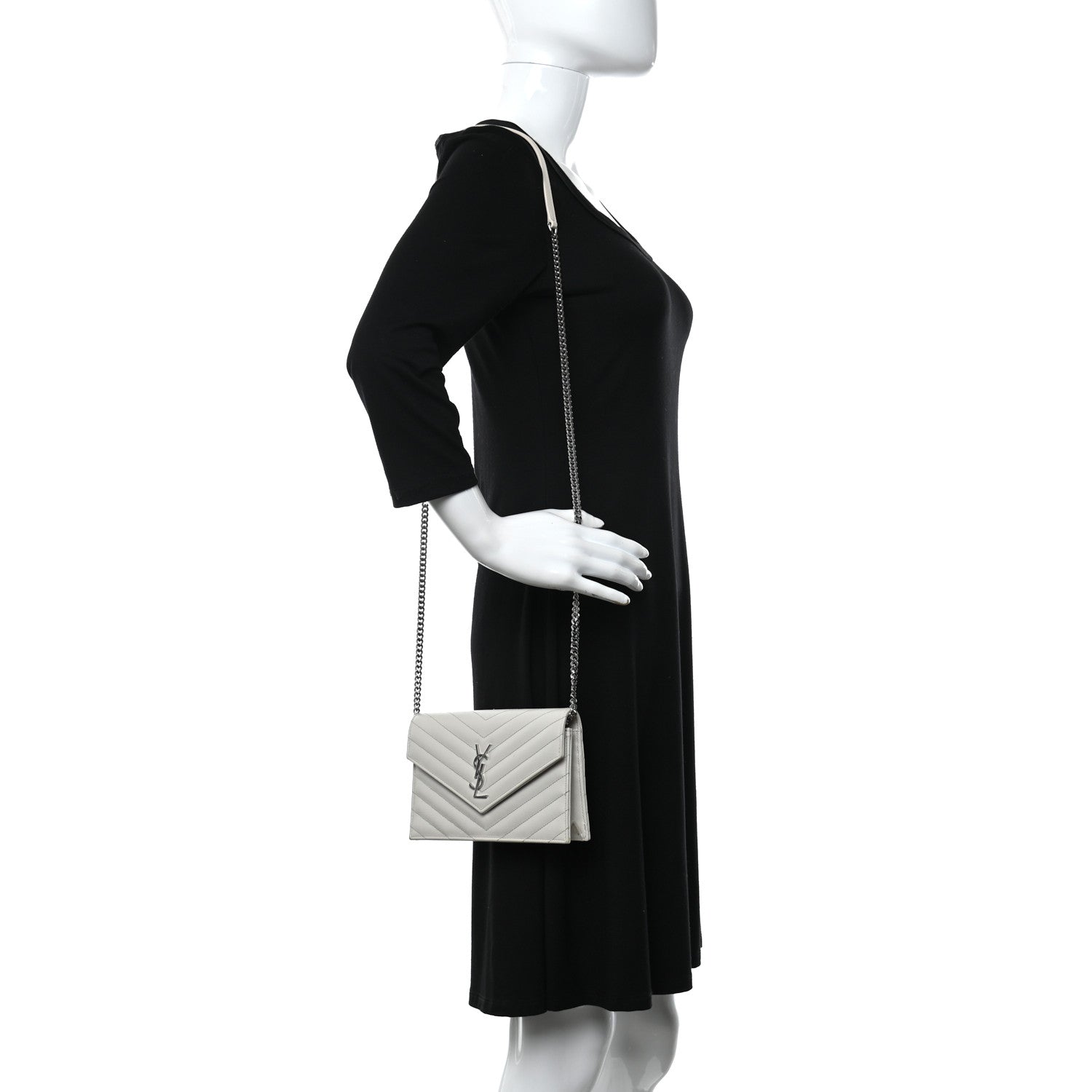 Saint Laurent Grain De Poudre Matelasse Chevron Monogram Envelope Chain Wallet Optical White 2 of 9