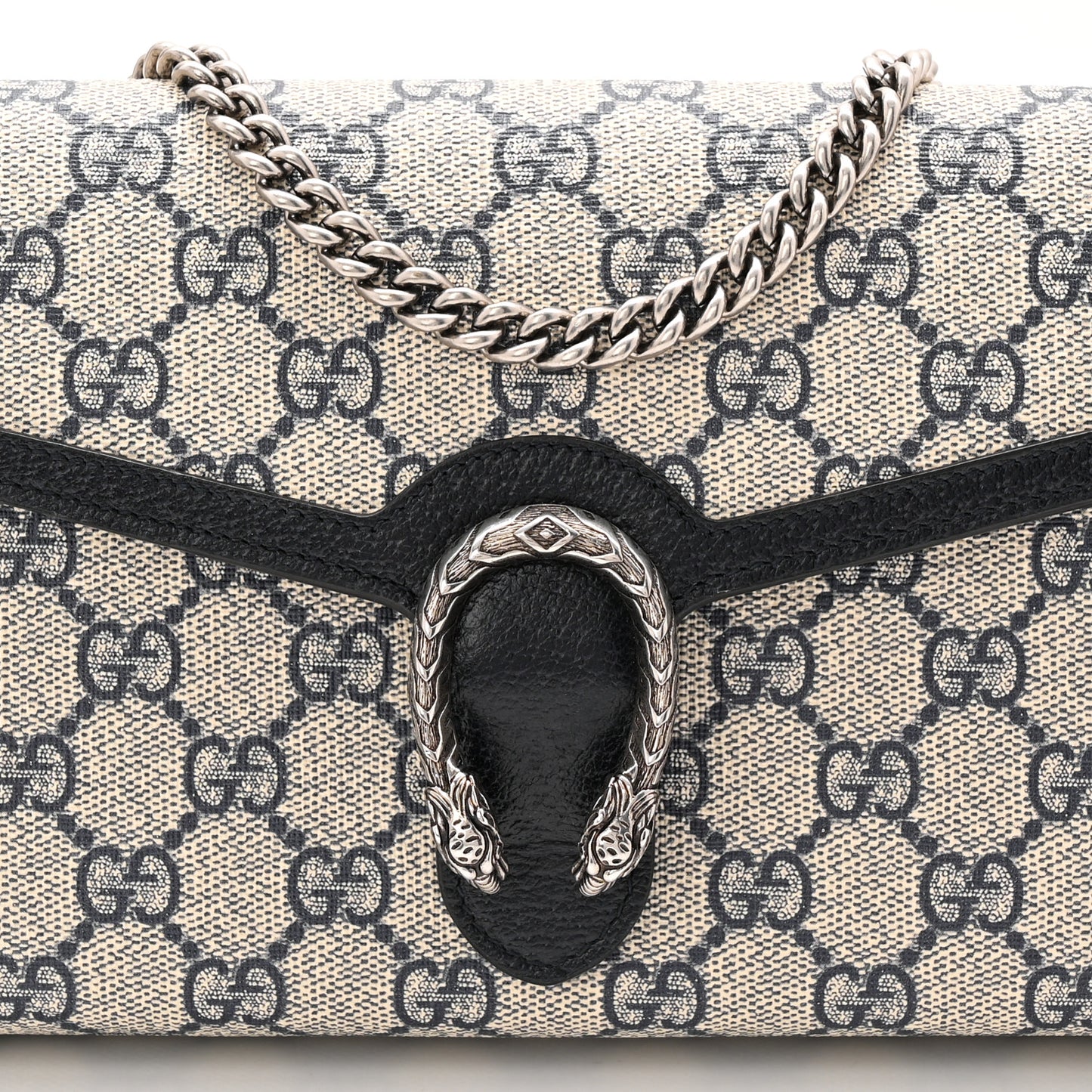 GG Supreme Monogram Textured Dollar Calfskin Mini Dionysus Chain Wallet Beige Blue