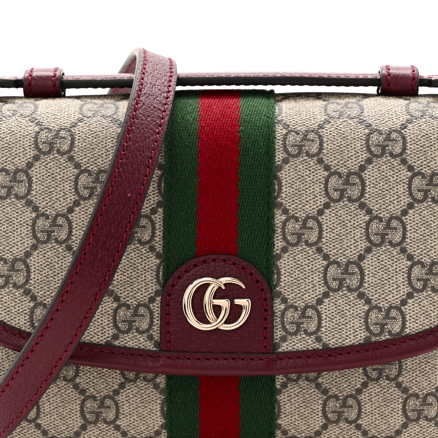 Gucci GG Supreme Monogram Textured Dollar Calfskin Small Ophidia Top Handle Shoulder Bag Beige Bordeaux 8 of 11