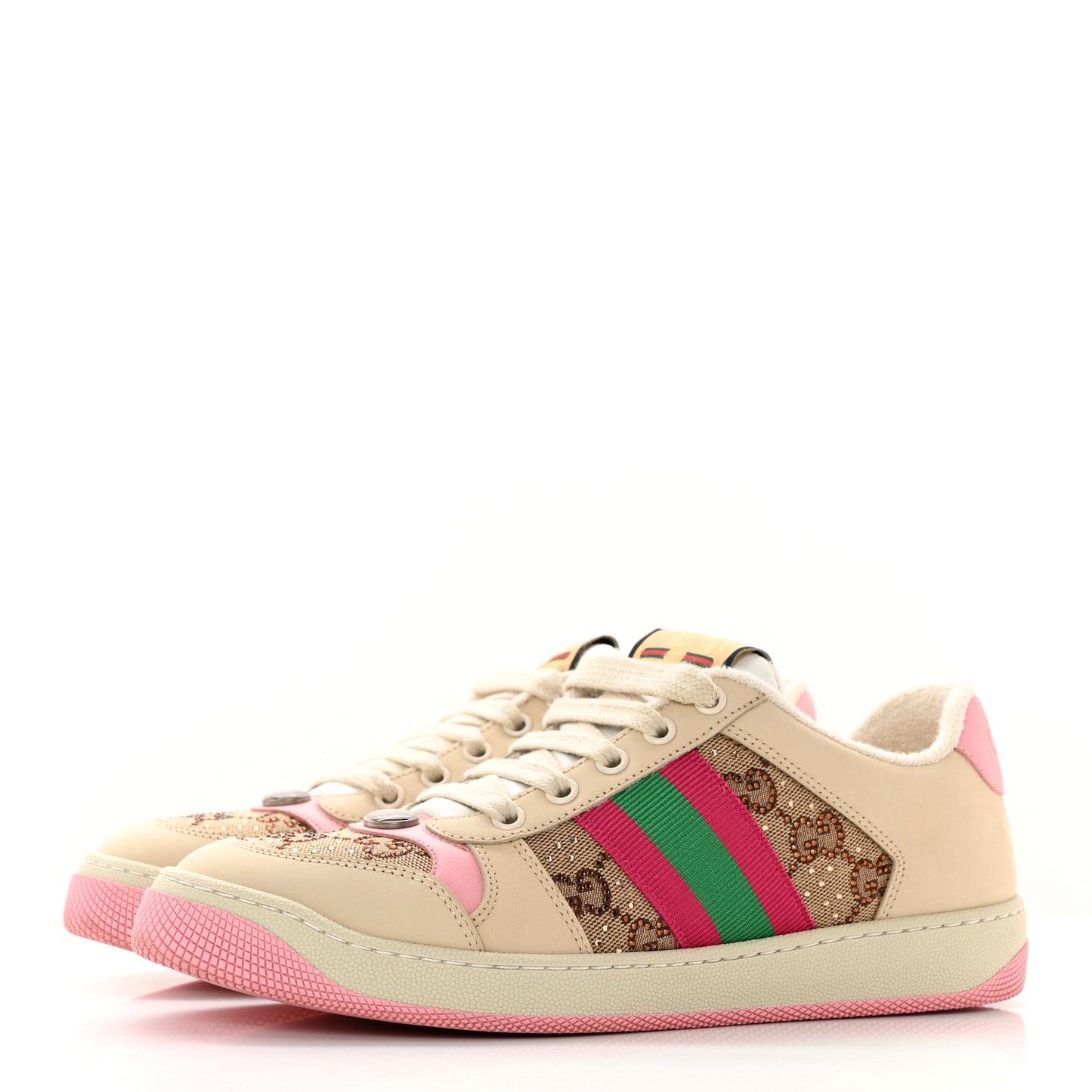 Calfskin GG Supreme Crystals Web Screener Sneakers 38 Beige Ebony Wild Rose
