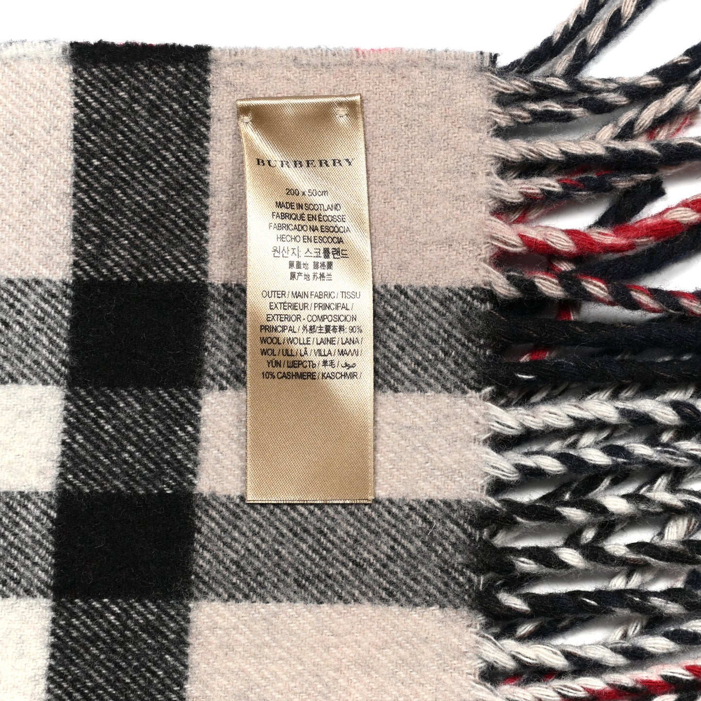 Wool Cashmere Giant Check Fringe Scarf Beige Navy