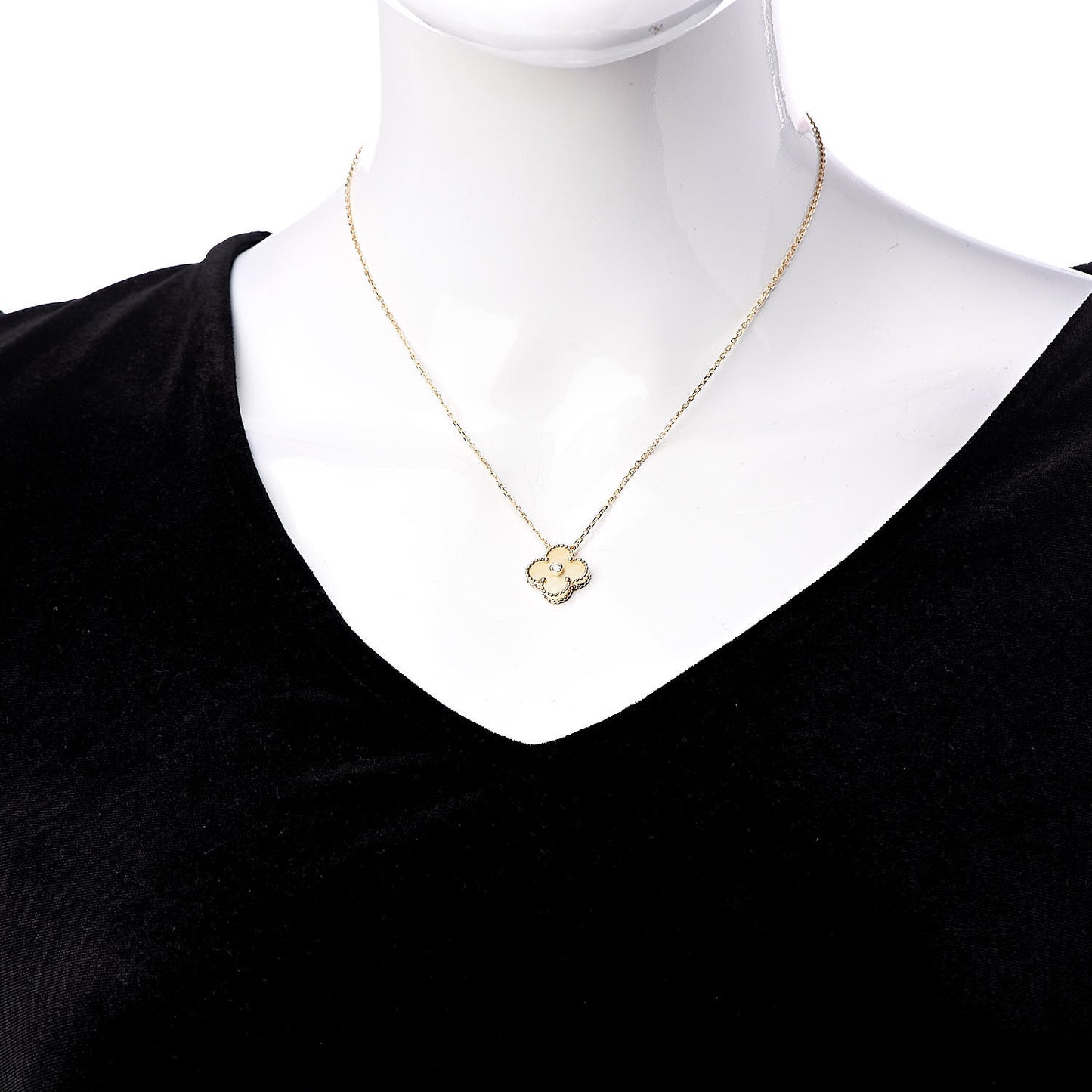 18K Yellow Gold Diamond Yellow Mother of Pearl Vintage Alhambra Pendant Necklace