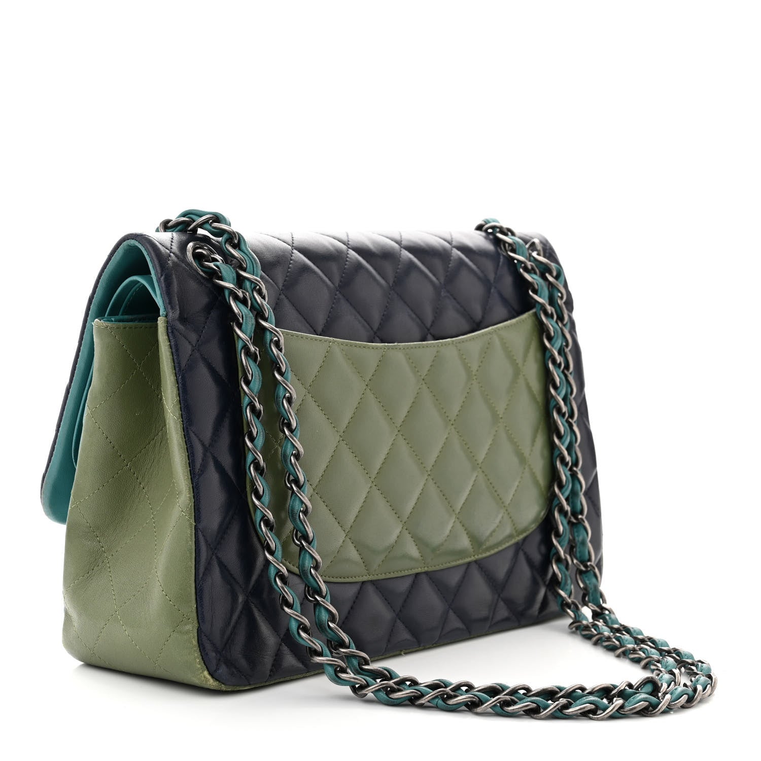 Chanel Lambskin Quilted Tri-Color Jumbo Double Flap Navy Blue Green 3 of 14