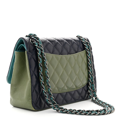 Chanel Lambskin Quilted Tri-Color Jumbo Double Flap Navy Blue Green 3 of 14