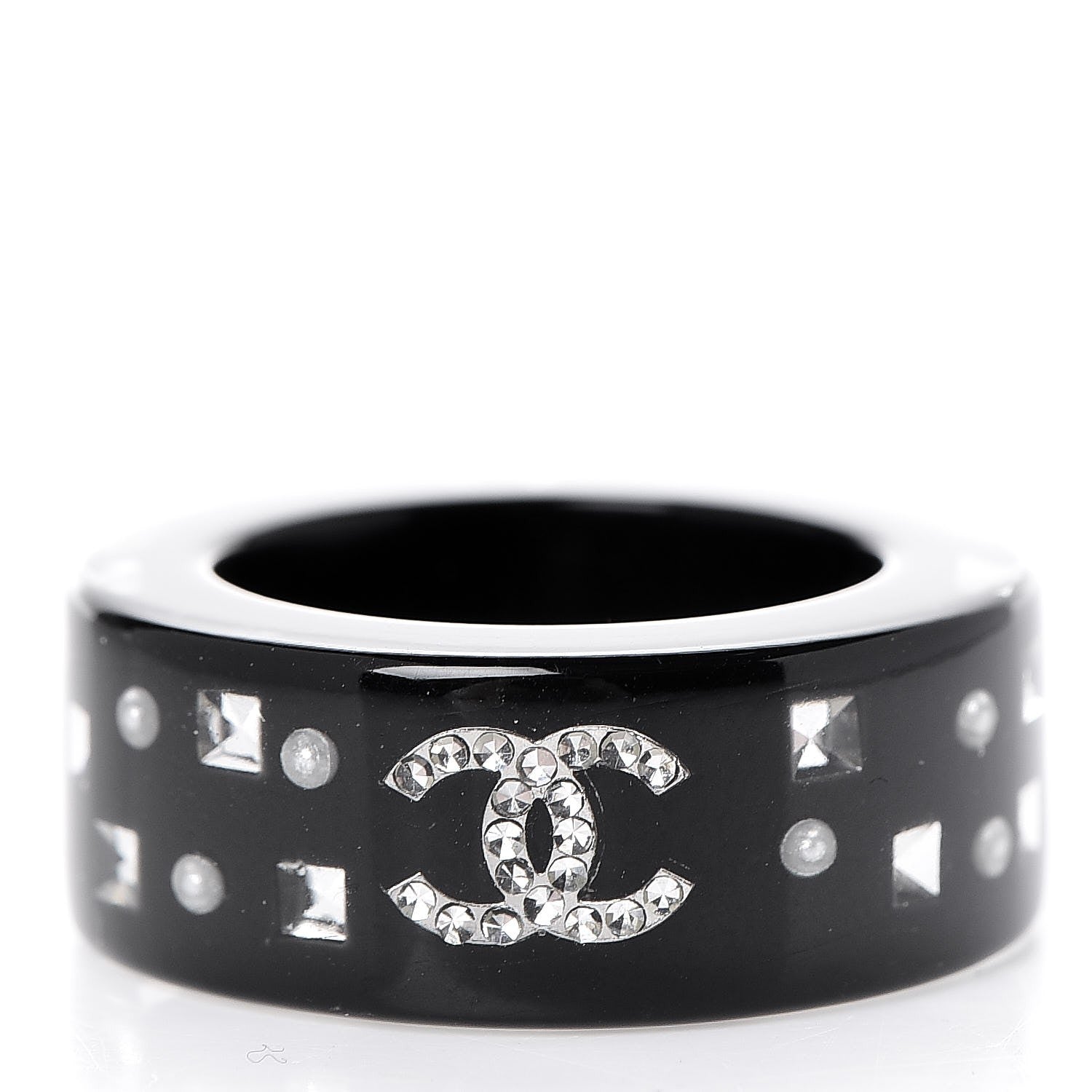 Chanel Resin Pearl Crystal CC Ring 6.5 Black 3 of 5