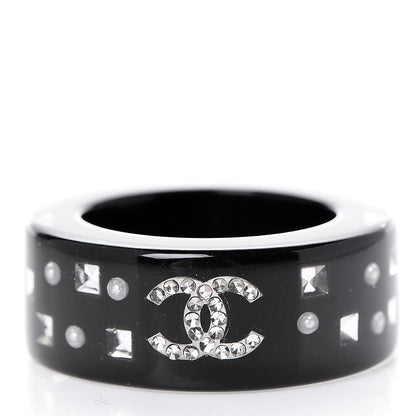 Chanel Resin Pearl Crystal CC Ring 6.5 Black 3 of 5