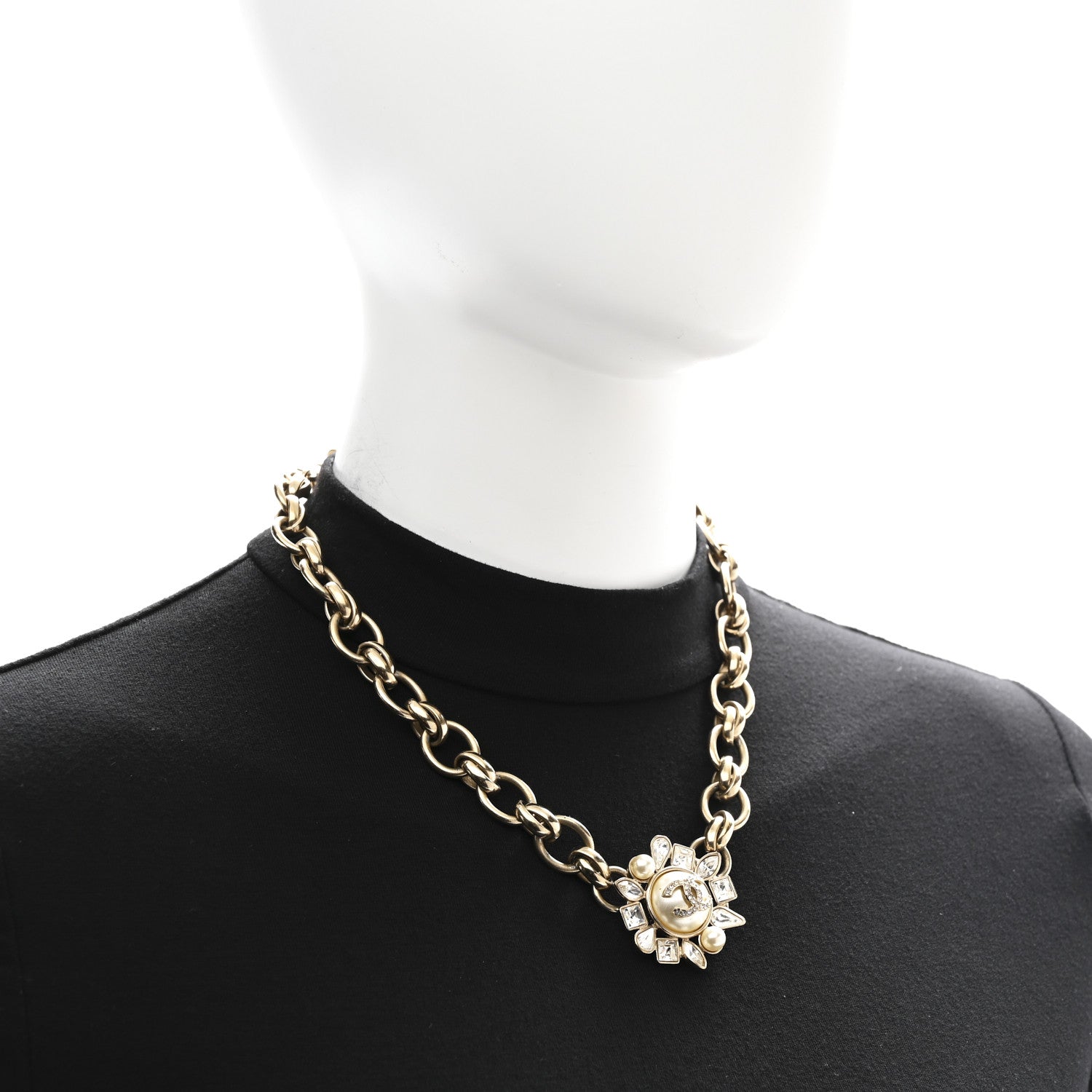 Chanel Pearl Crystal CC Snowfall Chain Short Necklace Light Gold 2 of 6