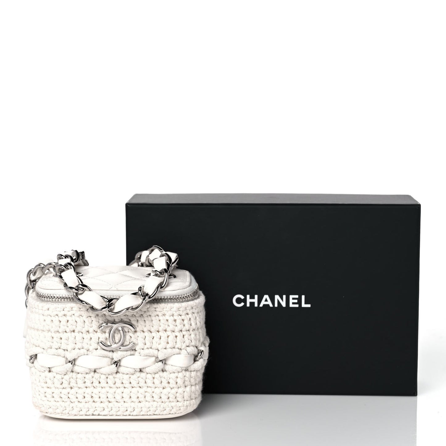 Lambskin Crochet Small Vanity Case With Chain White