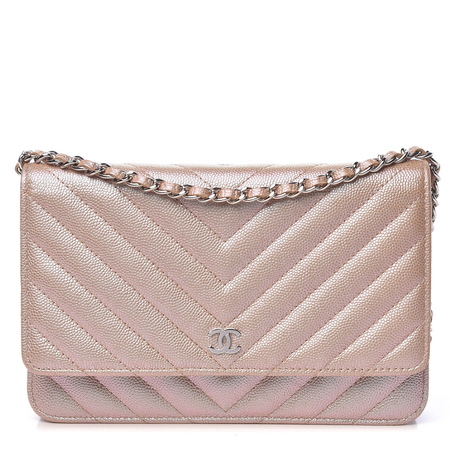Metallic Caviar Chevron Quilted Wallet On Chain WOC Light Gold