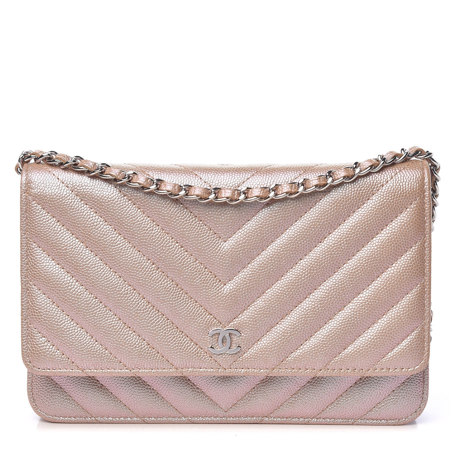 Chanel Metallic Caviar Chevron Quilted Wallet On Chain WOC Light Gold 1 of 12