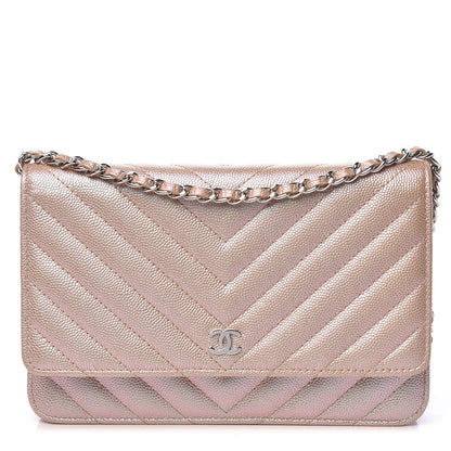 Chanel Metallic Caviar Chevron Quilted Wallet On Chain WOC Light Gold 1 of 12