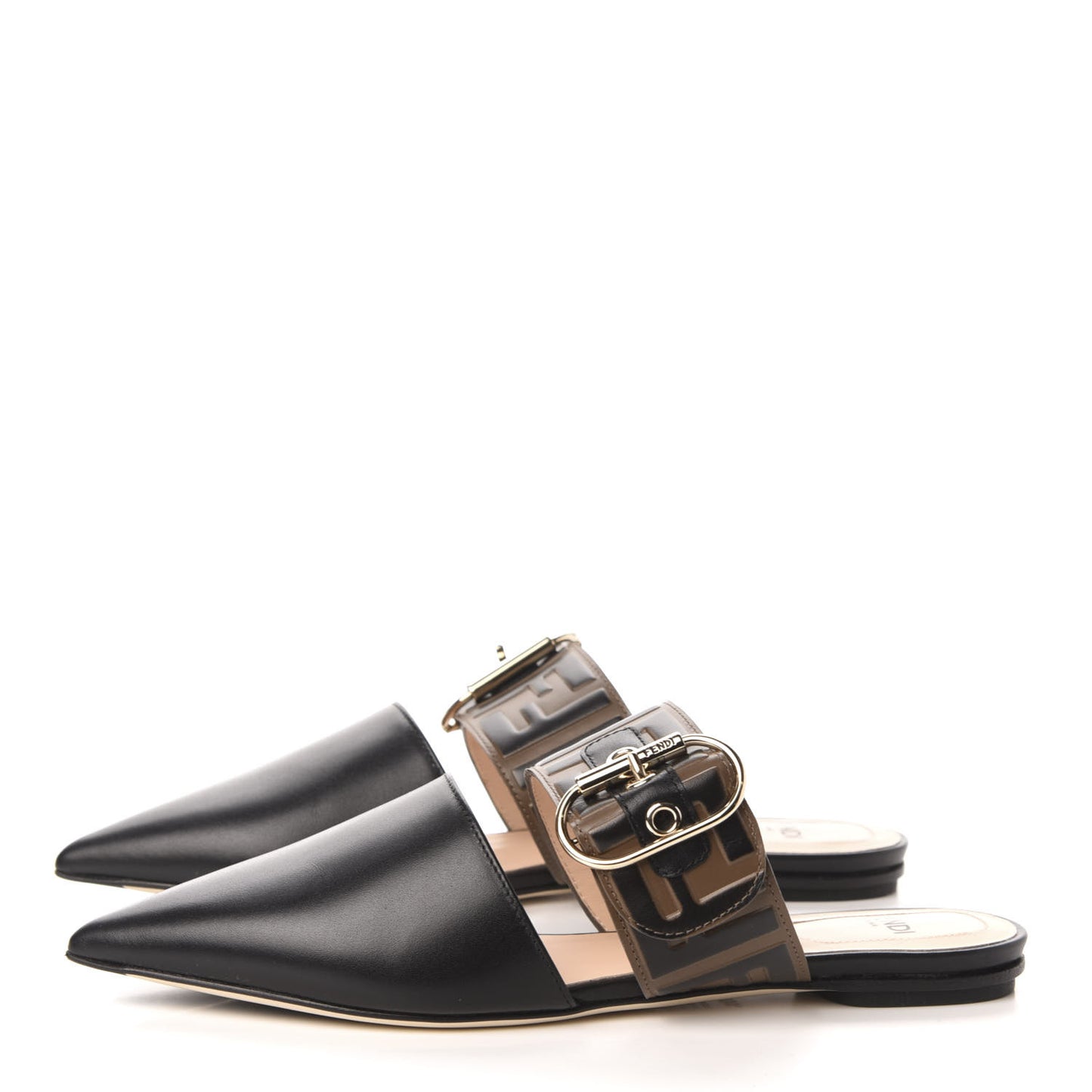 Vitello FF Embossed Buckle Flat Mules 35.5 Maya Black