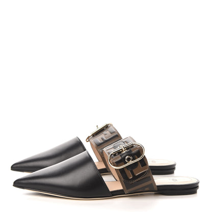 Fendi Vitello FF Embossed Buckle Flat Mules 35.5 Maya Black 3 of 9