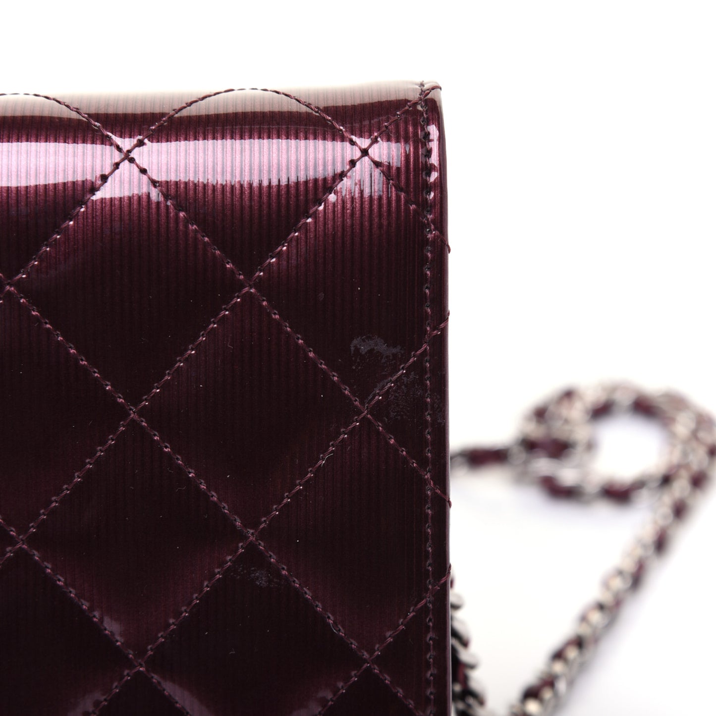 Striated Patent Quilted Wallet on Chain WOC Bordeaux