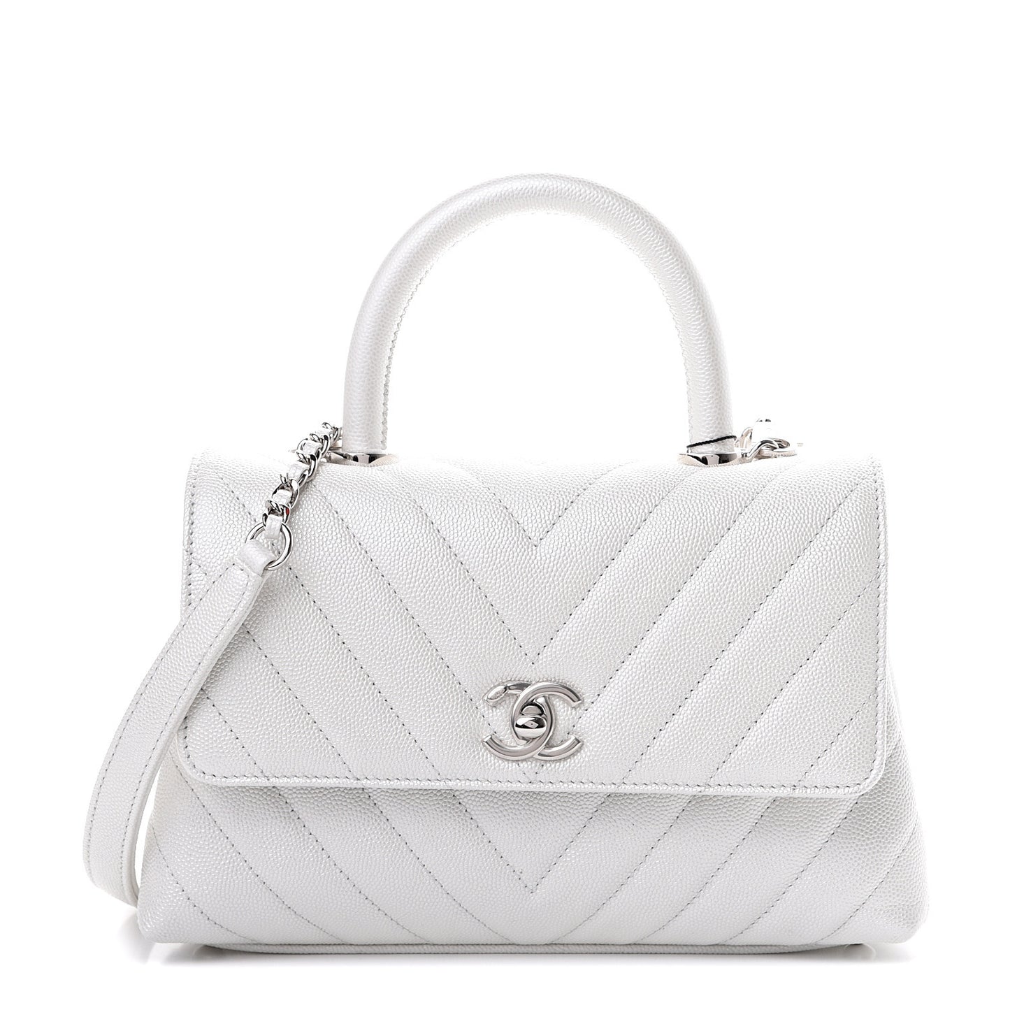 Iridescent Caviar Chevron Quilted Mini Coco Handle Flap White