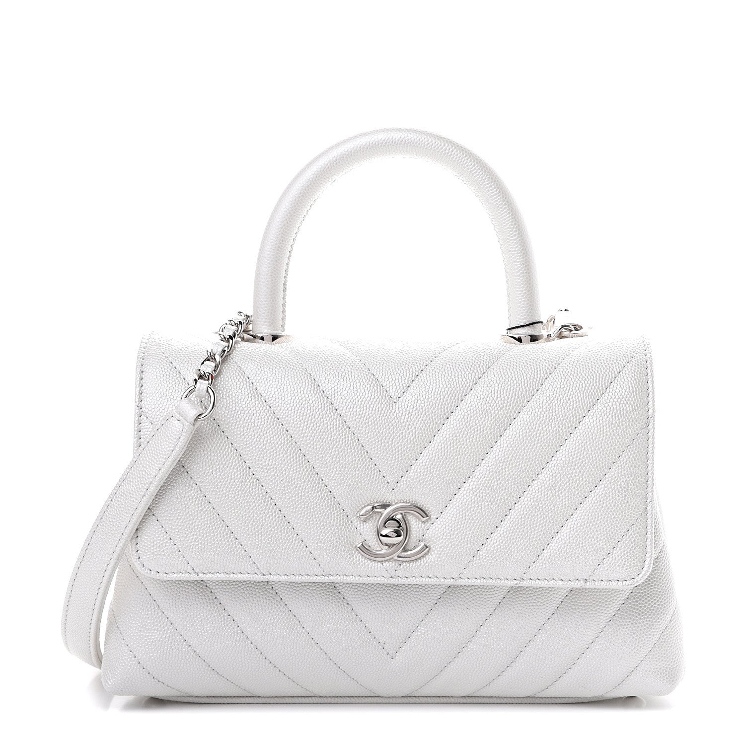 Chanel Iridescent Caviar Chevron Quilted Mini Coco Handle Flap White 1 of 10