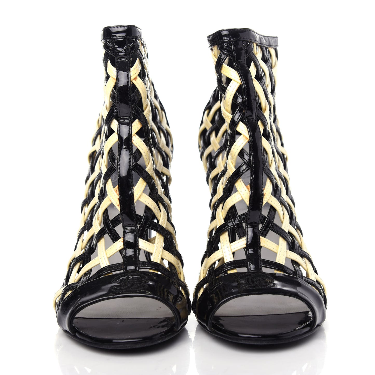 Patent Woven CC Cage Sandals 38.5 Black Ivory