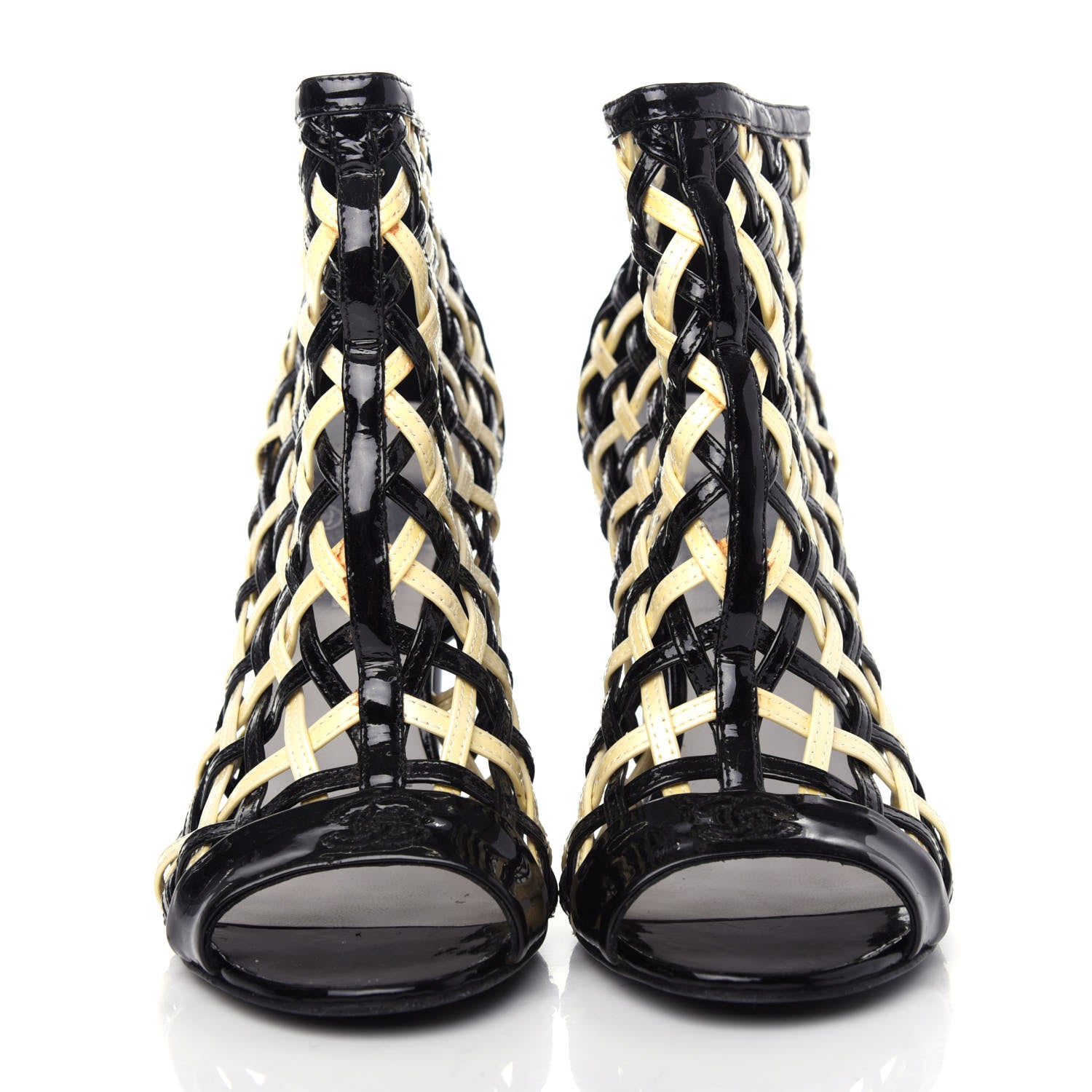 Chanel Patent Woven CC Cage Sandals 38.5 Black Ivory 2 of 10