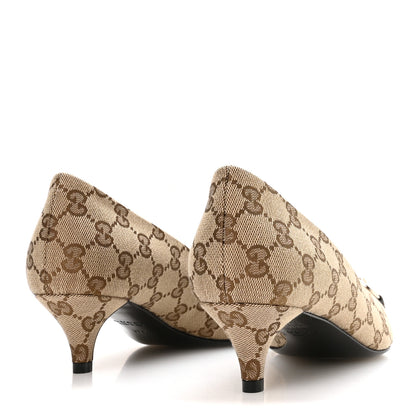 Gucci Canvas GG Monogram Horsebit Slingback Pumps 37.5 Beige Ebony Cocoa 5 of 9
