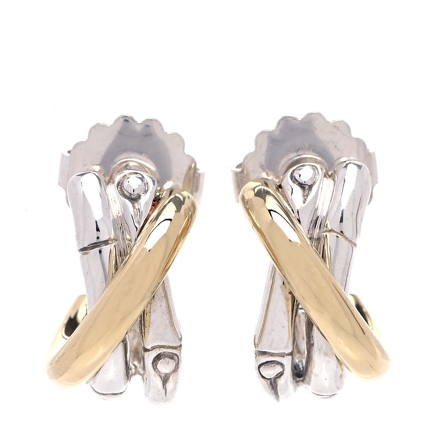 Sterling Silver 18K Yellow Gold Small Bamboo J Hoop Earrings