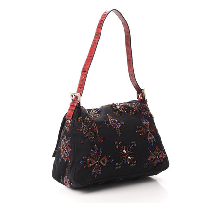 Fendi Neoprene Beaded Lizard Mama Baguette Black Red 3 of 10
