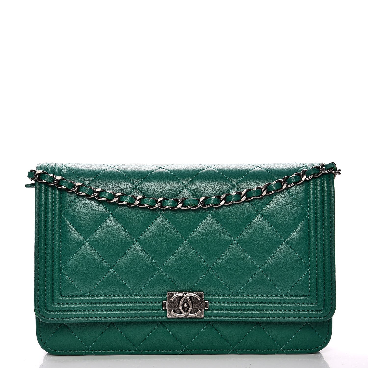 Chanel Lambskin Quilted Boy Wallet On Chain WOC Green 1 of 8