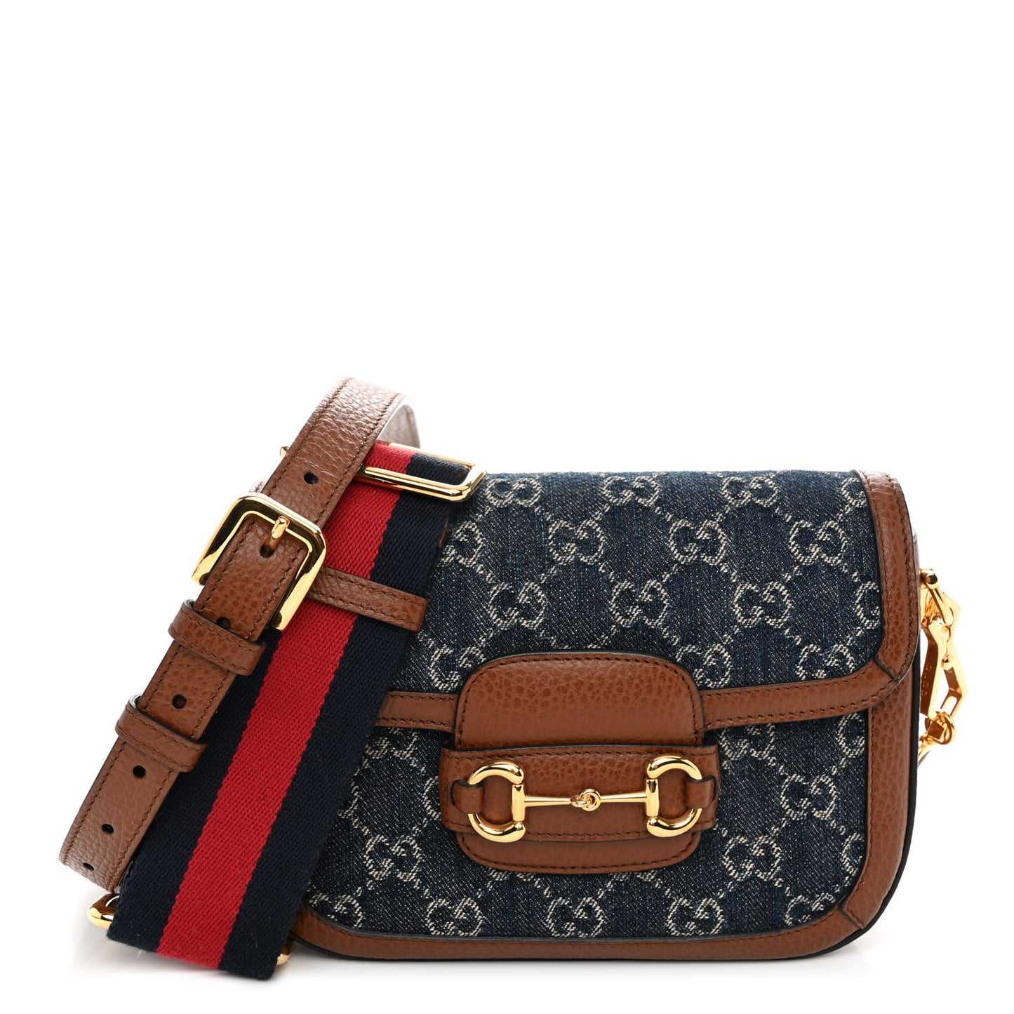 New Denim GG Monogram Dollar Calfskin Web Mini Horsebit 1955 Shoulder Bag Blue Tea Cuir Epilog