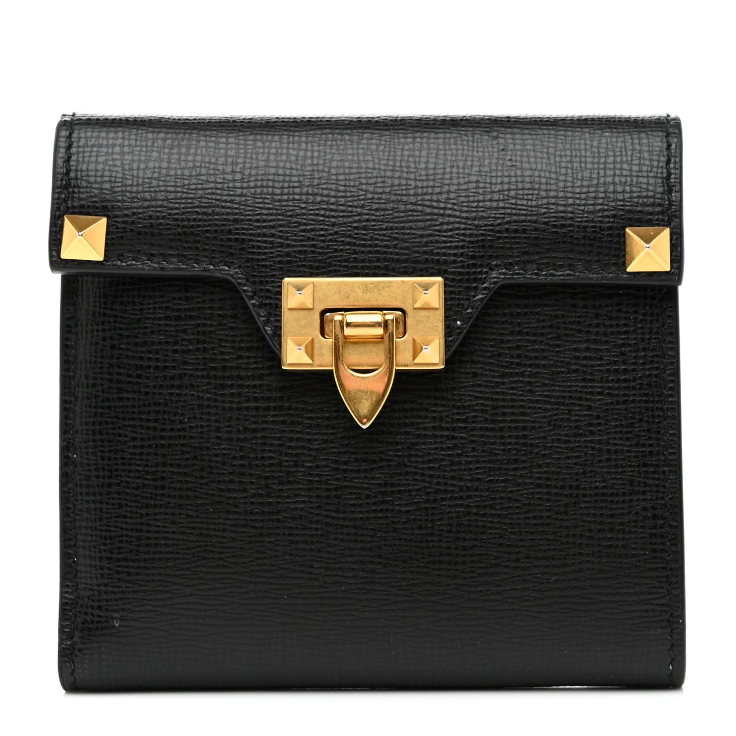 Textured Calfskin Rockstud Flip Lock Alcove Wallet Black