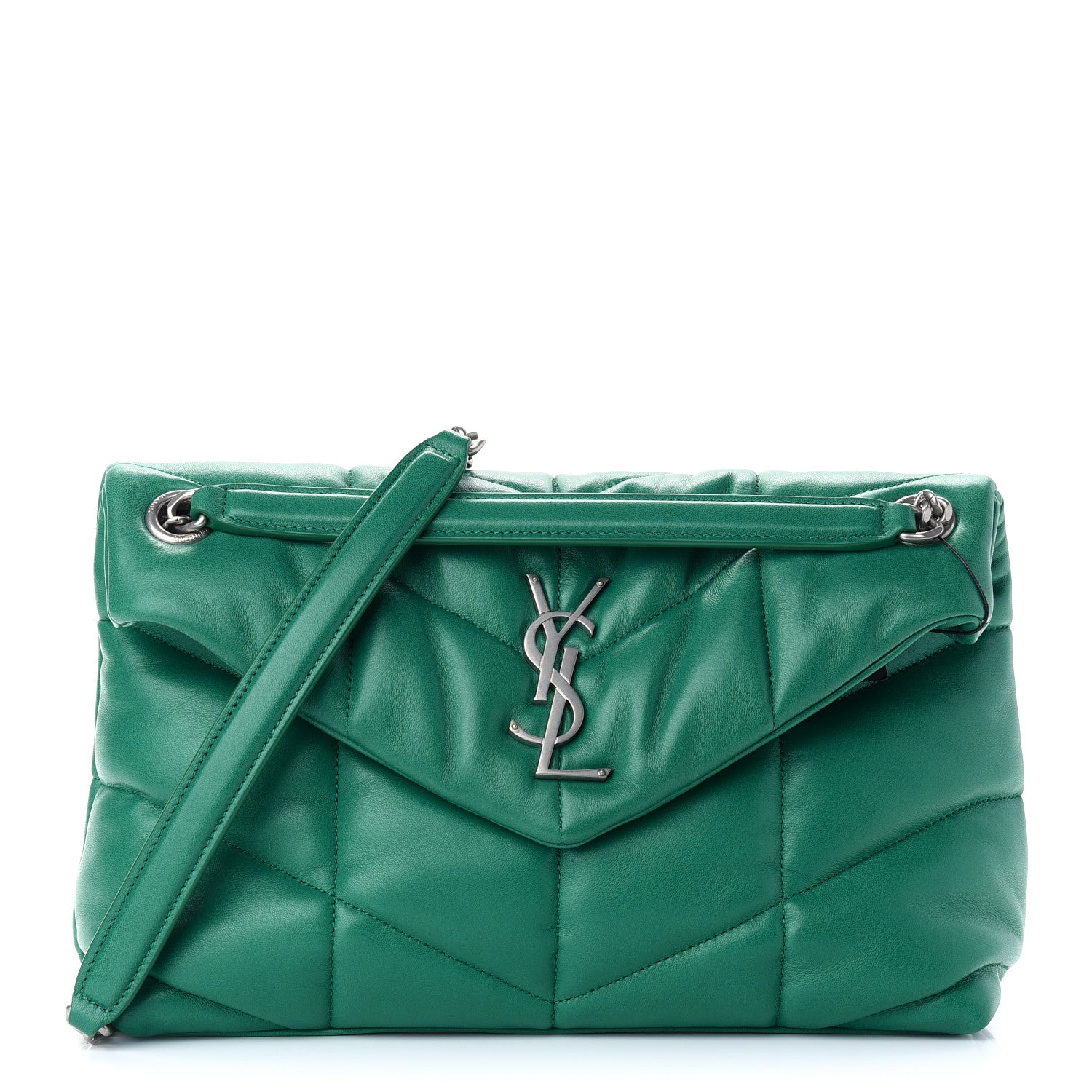Saint Laurent Lambskin Quilted Small Loulou Puffer Monogram Chain Satchel Green Field 1 of 8