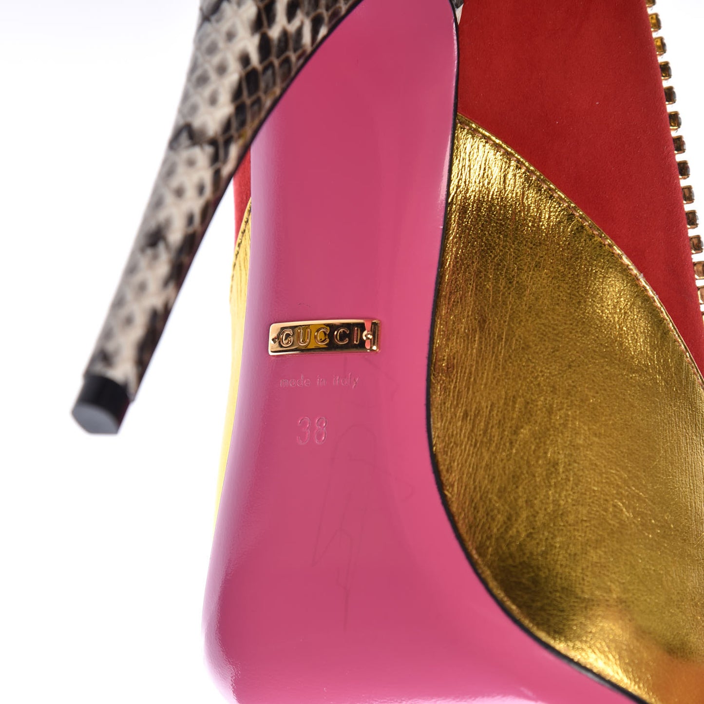 Metallic Nappa Kid Scamosciato Elaphe Snakeskin Peachy Pumps 38 Oro Red Roccia