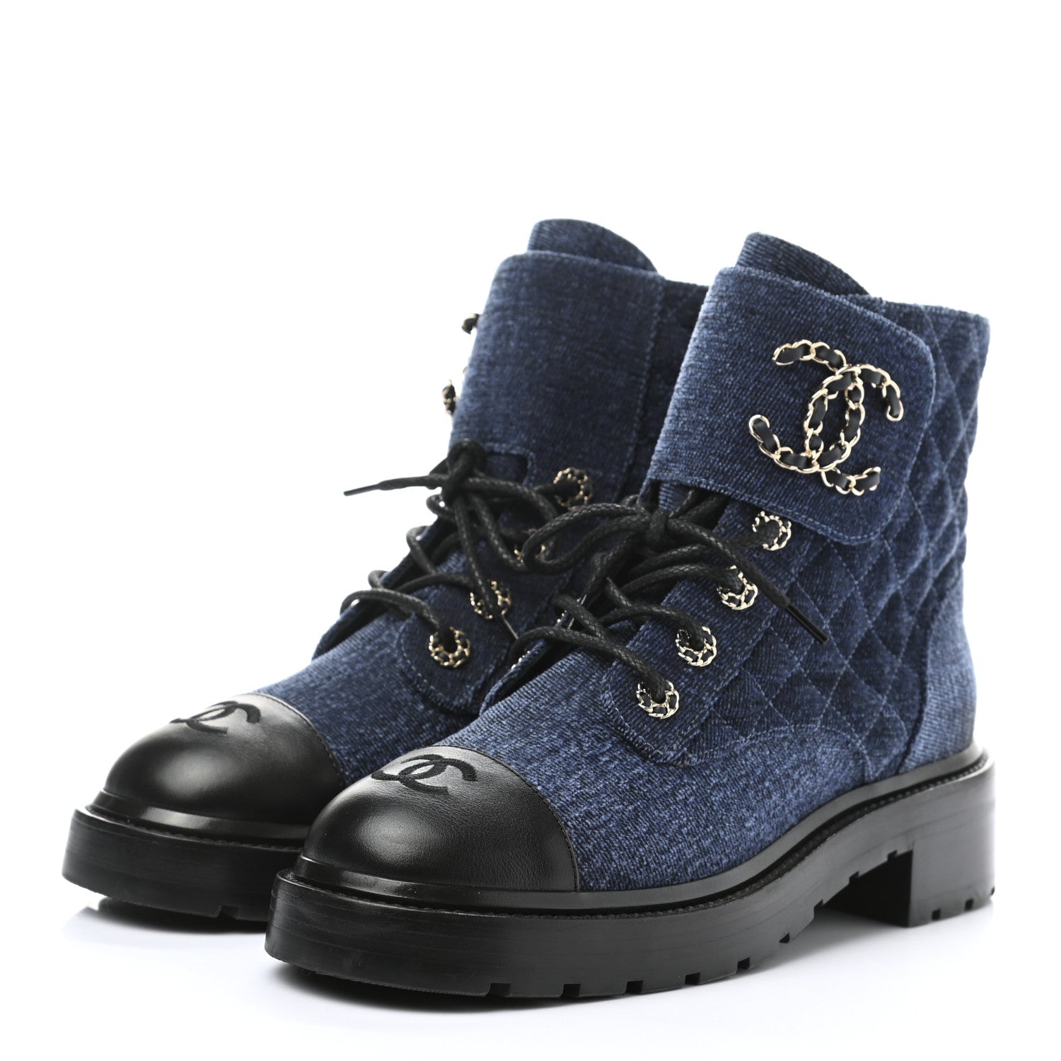 Chanel Shiny Calfskin Velvet Quilted Lace Up Combat Boots 39 Blue Black 4 of 8