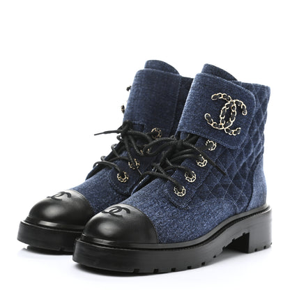 Chanel Shiny Calfskin Velvet Quilted Lace Up Combat Boots 39 Blue Black 4 of 8