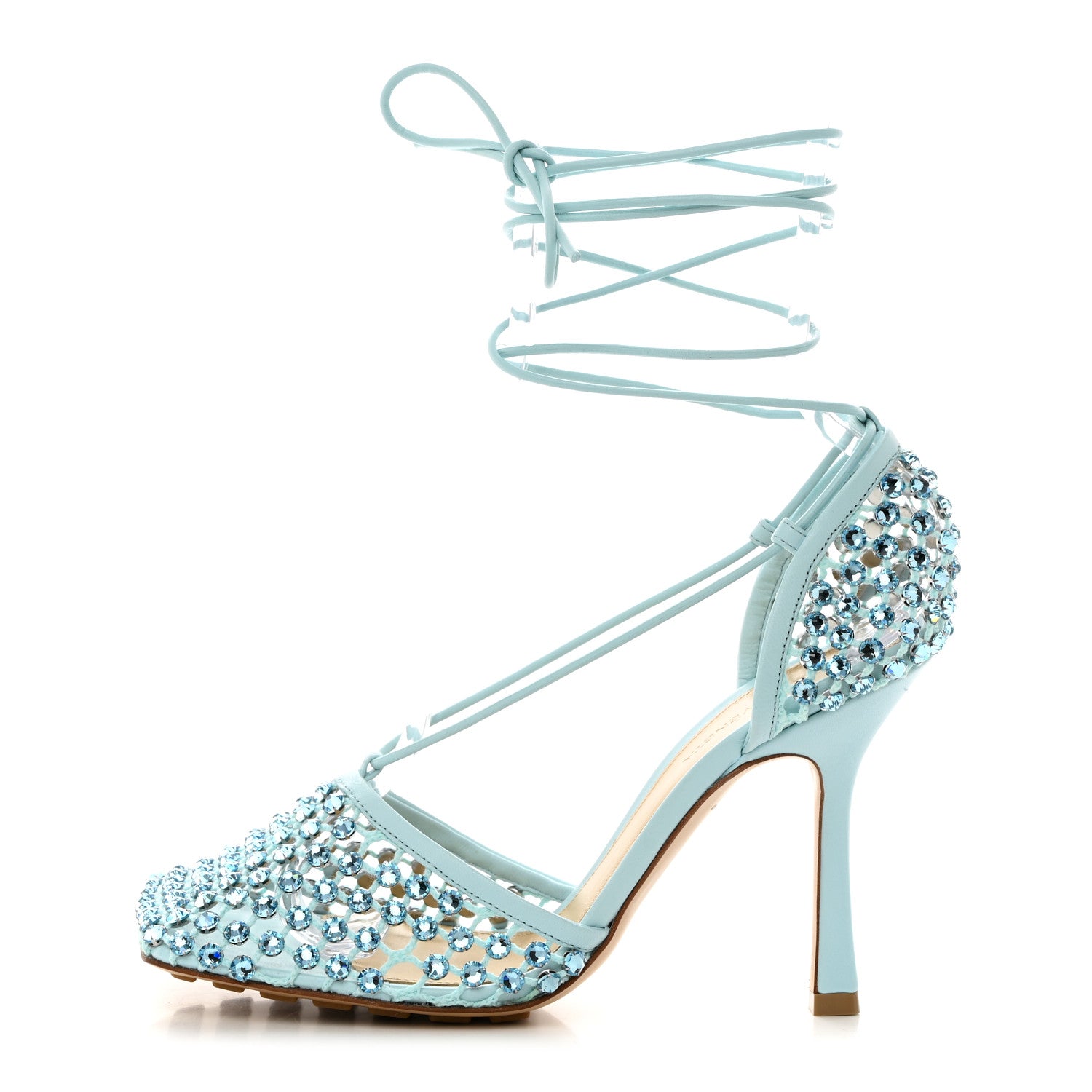 Bottega Veneta Mesh Nappa Crystal Embellished Sparkle Stretch Ankle Tie 90mm Sandals 38 Pale Blue 1 of 8