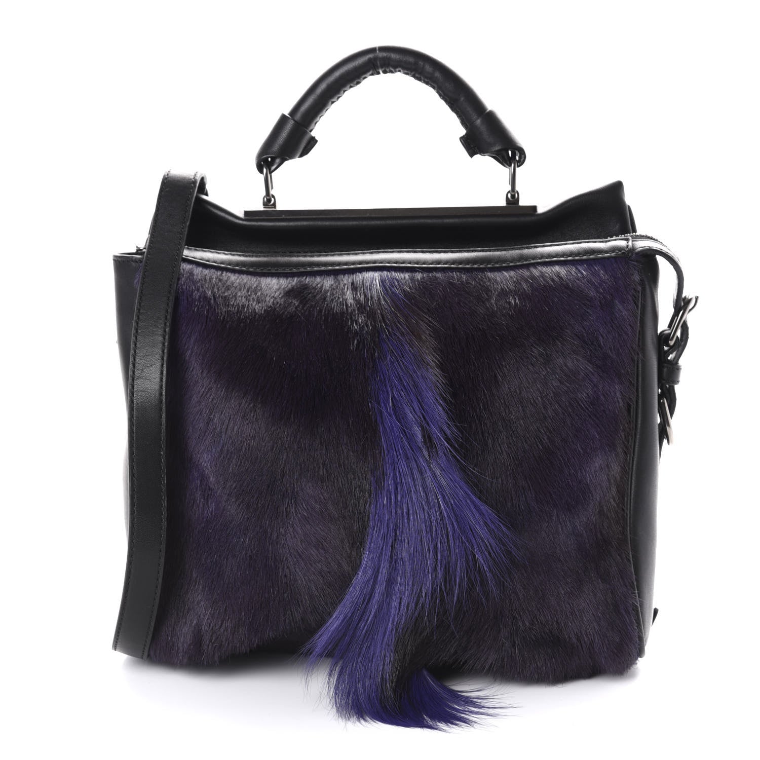3.1 Phillip Lim 3.1 Goat Fur Calfskin Ryder Satchel Purple Black 1 of 9