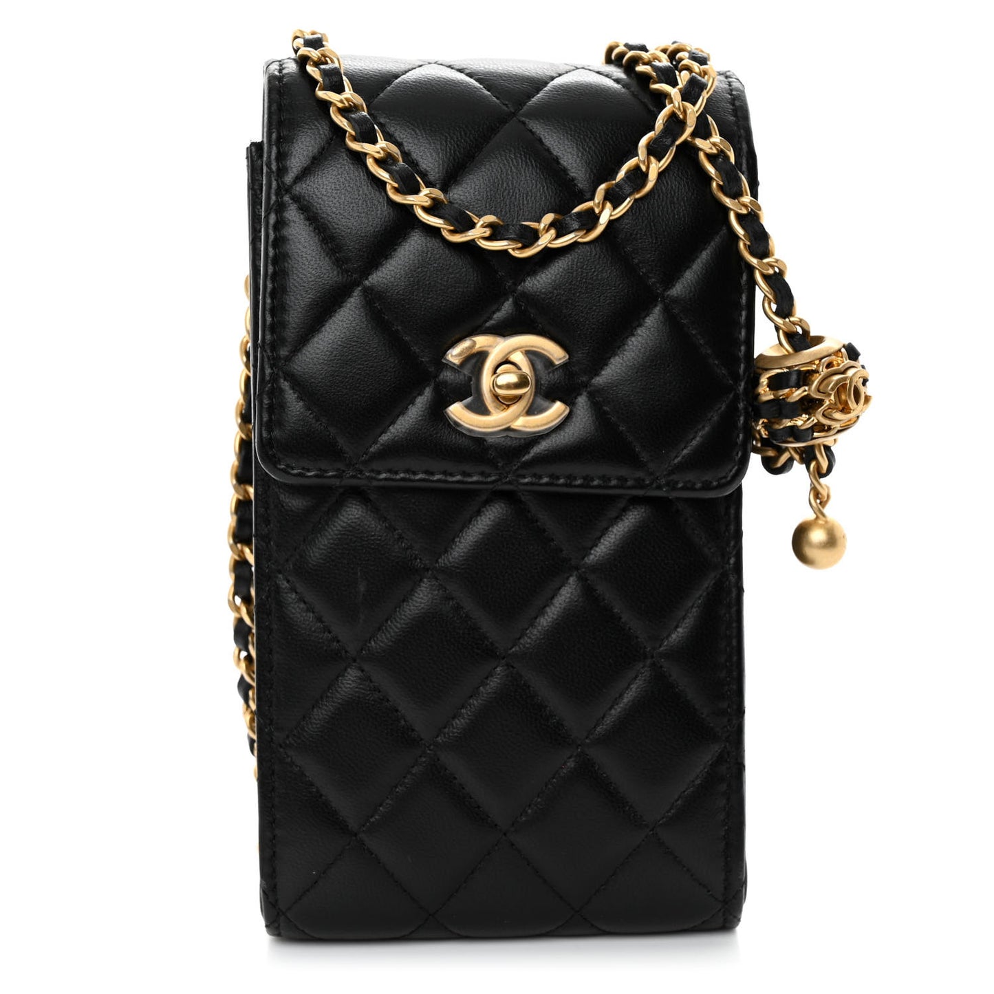 Lambskin Quilted Vertical Pearl Crush Flap With Chain Black