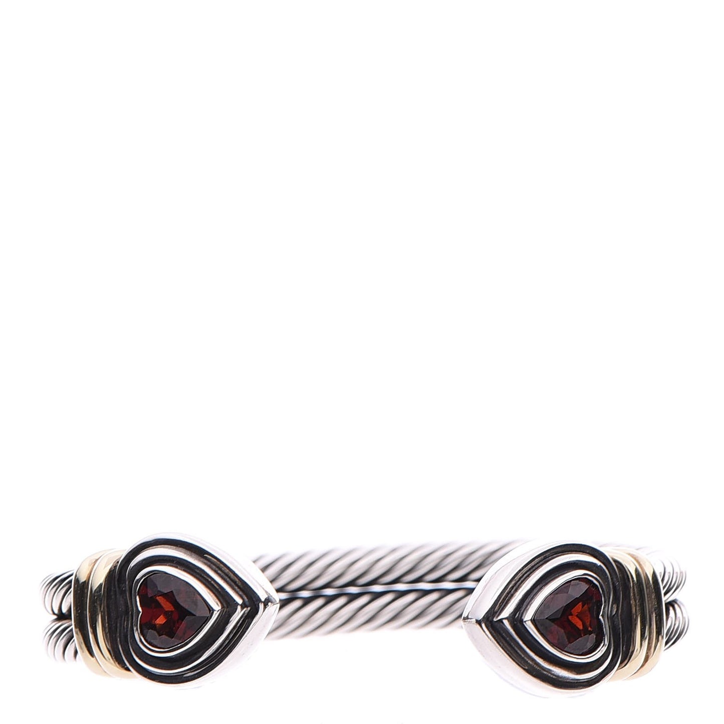 Sterling Silver 14K Yellow Gold Garnet Heart Double Cable Cuff Bracelet