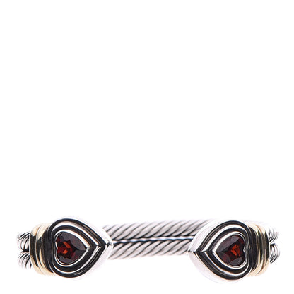 David Yurman Sterling Silver 14K Yellow Gold Garnet Heart Double Cable Cuff Bracelet 1 of 5