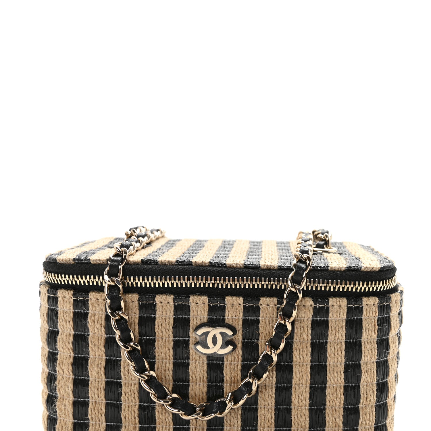 Chanel Raffia Jute Striped Small Vanity Case With Chain Black Beige 8 of 10