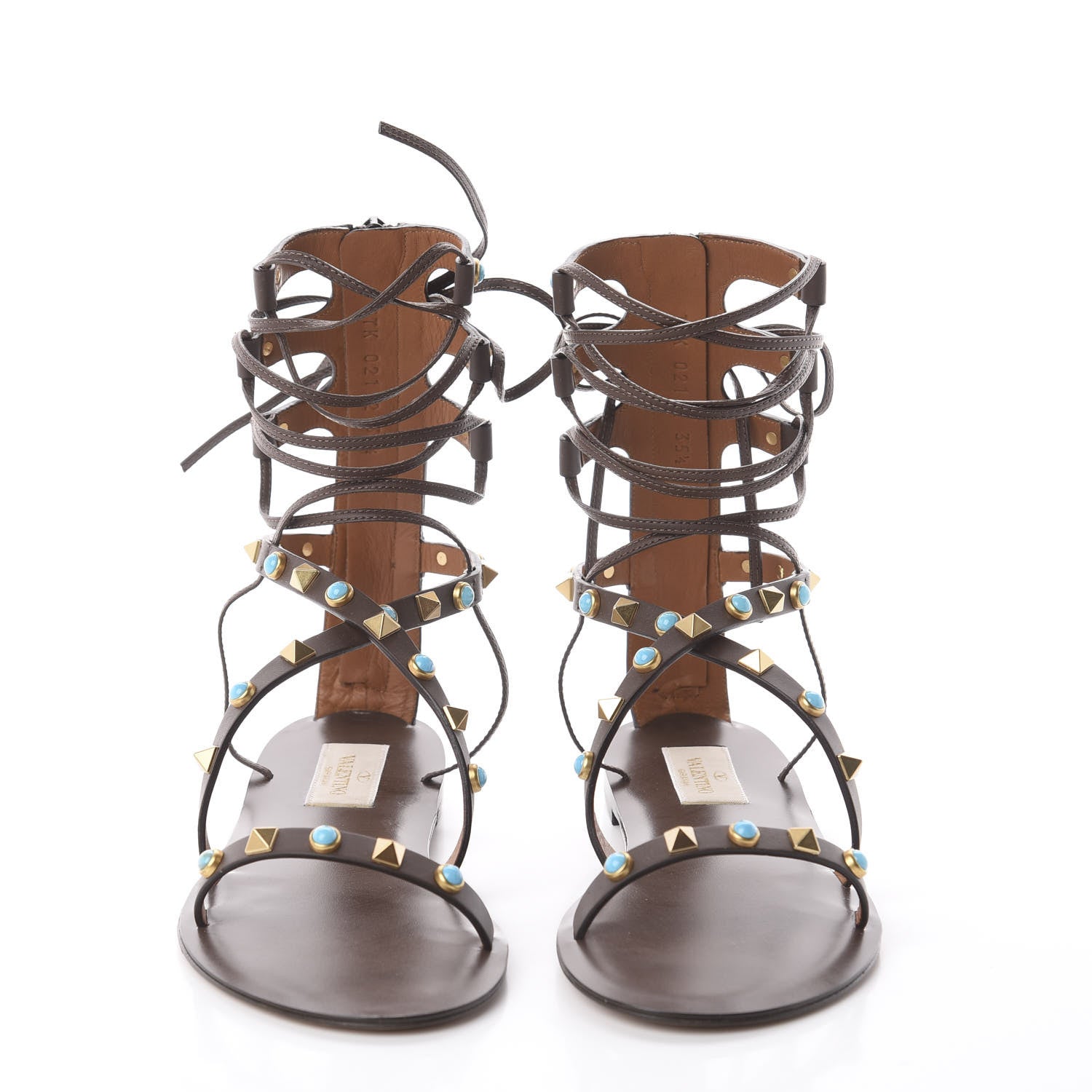 Valentino Garavani Calfskin Rockstud Rolling Cabochon Gladiator Flat Sandals 35.5 Cacao 3 of 7
