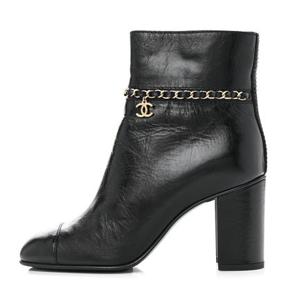 Chanel Crumpled Calfskin Cap Toe Chain Short Boots 37 Black 1 of 8