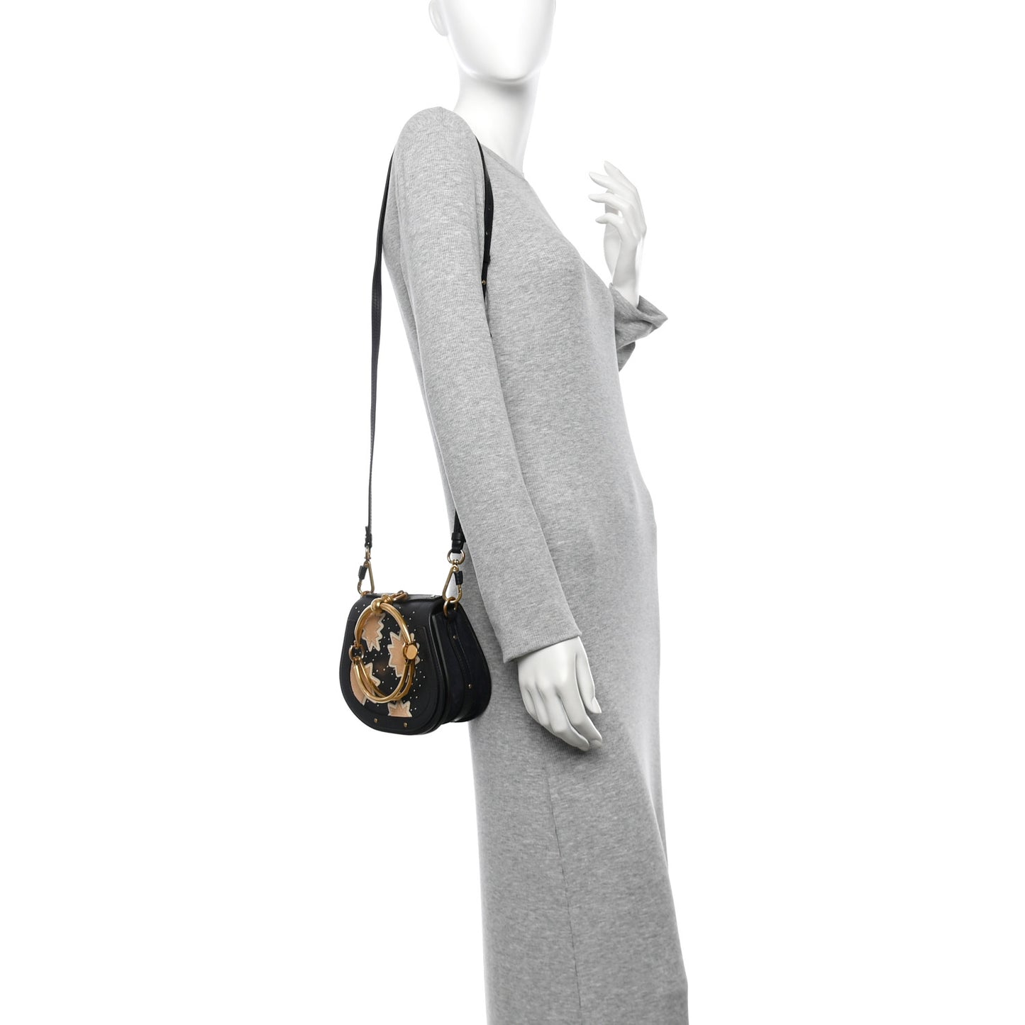 Calfskin Suede Stars Patchwork Studs Small Nile Bracelet Bag Navy Blue