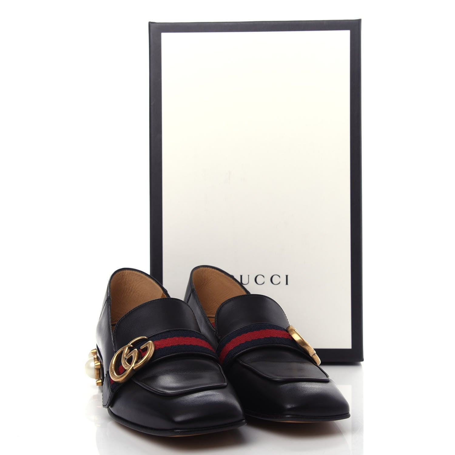 Gucci Betis Glamour Calfskin Web Pearl Embellished Peyton 35mm Loafer Pumps 36 Black 11 of 11
