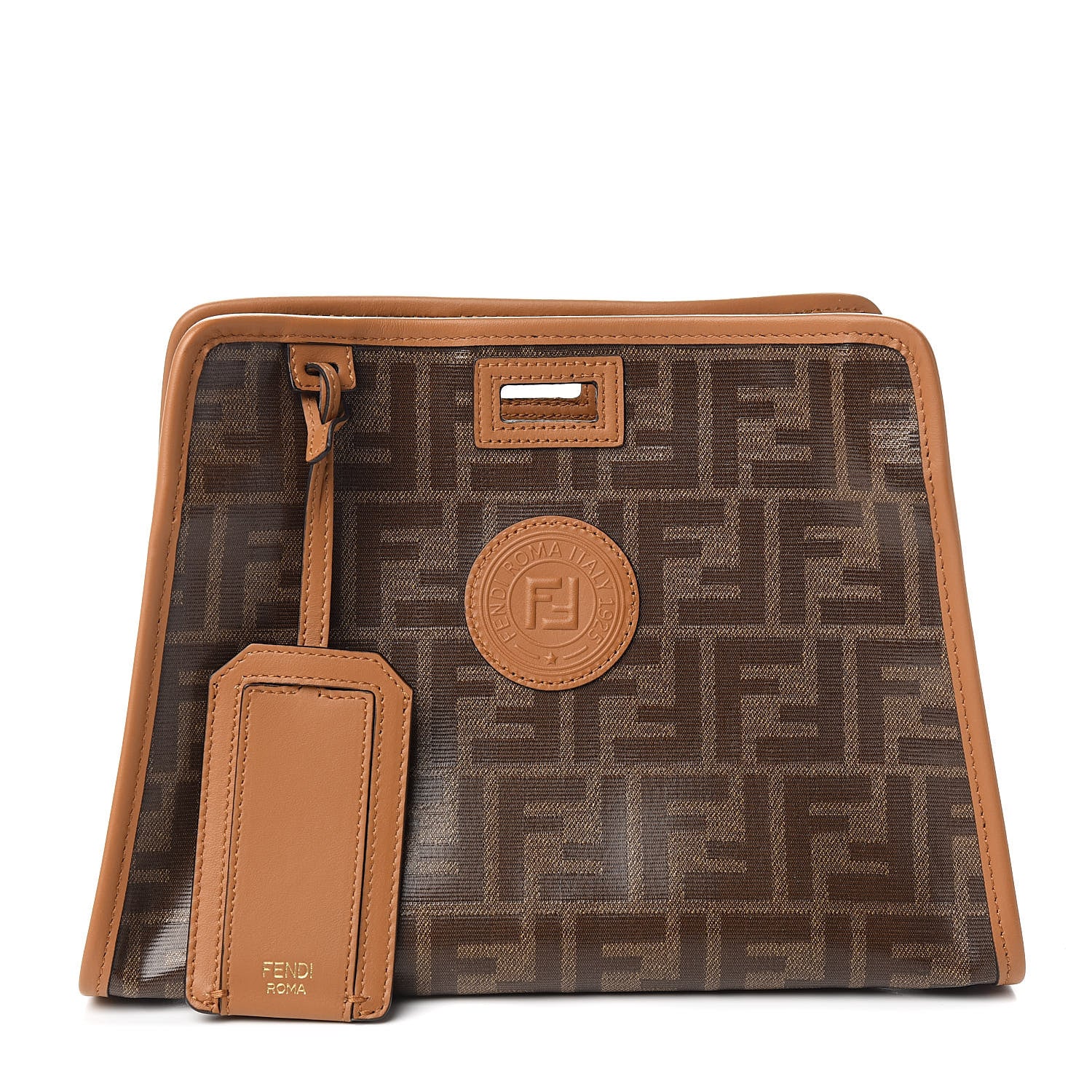 Fendi Glazed Fabric Vitello Century FF 1974 Stamp Patch Mini Peekaboo Defender Cover Mogano Panna Caramello 1 of 12