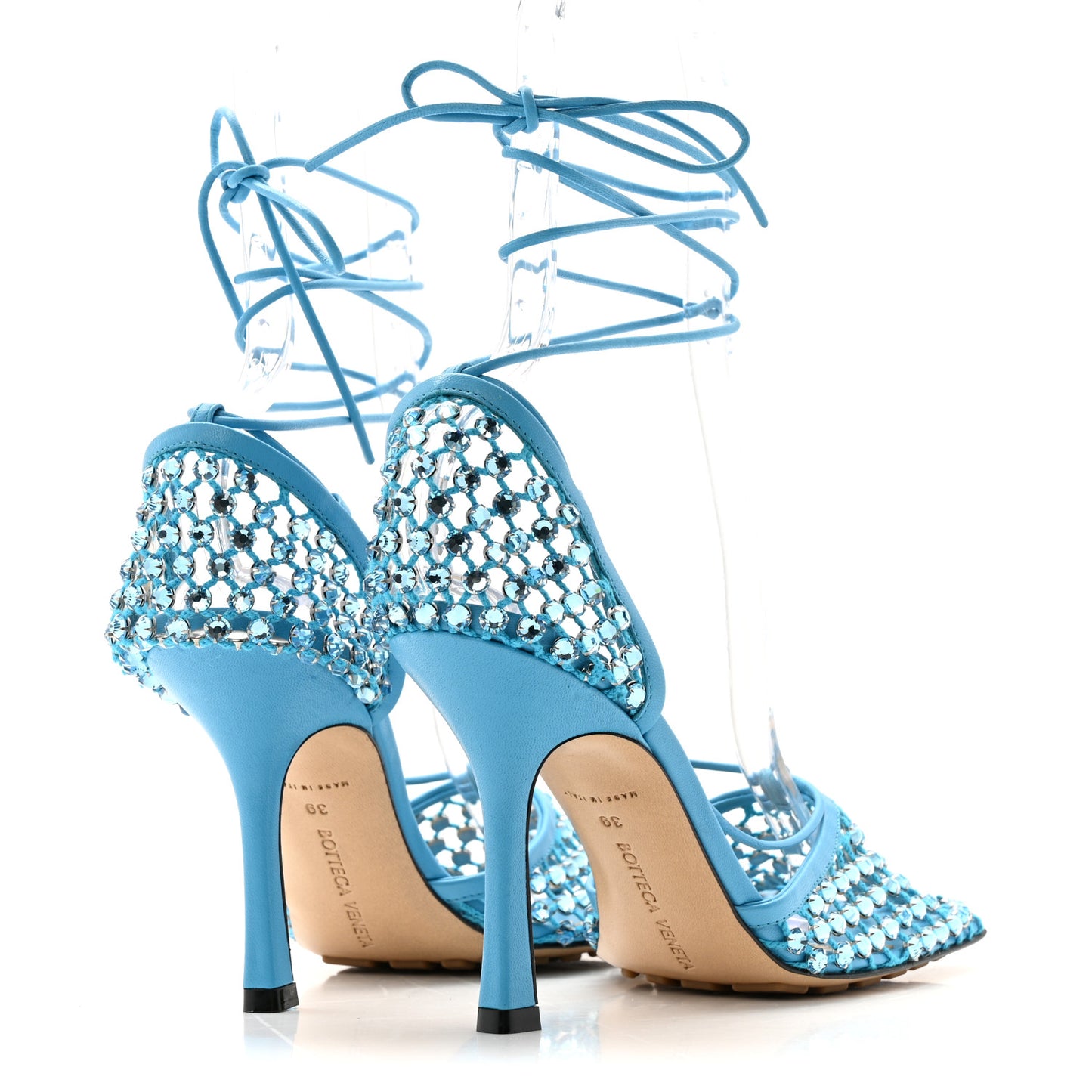 Mesh Nappa Crystal Embellished Sparkle Stretch Ankle Tie 90mm Sandals 39 Pool