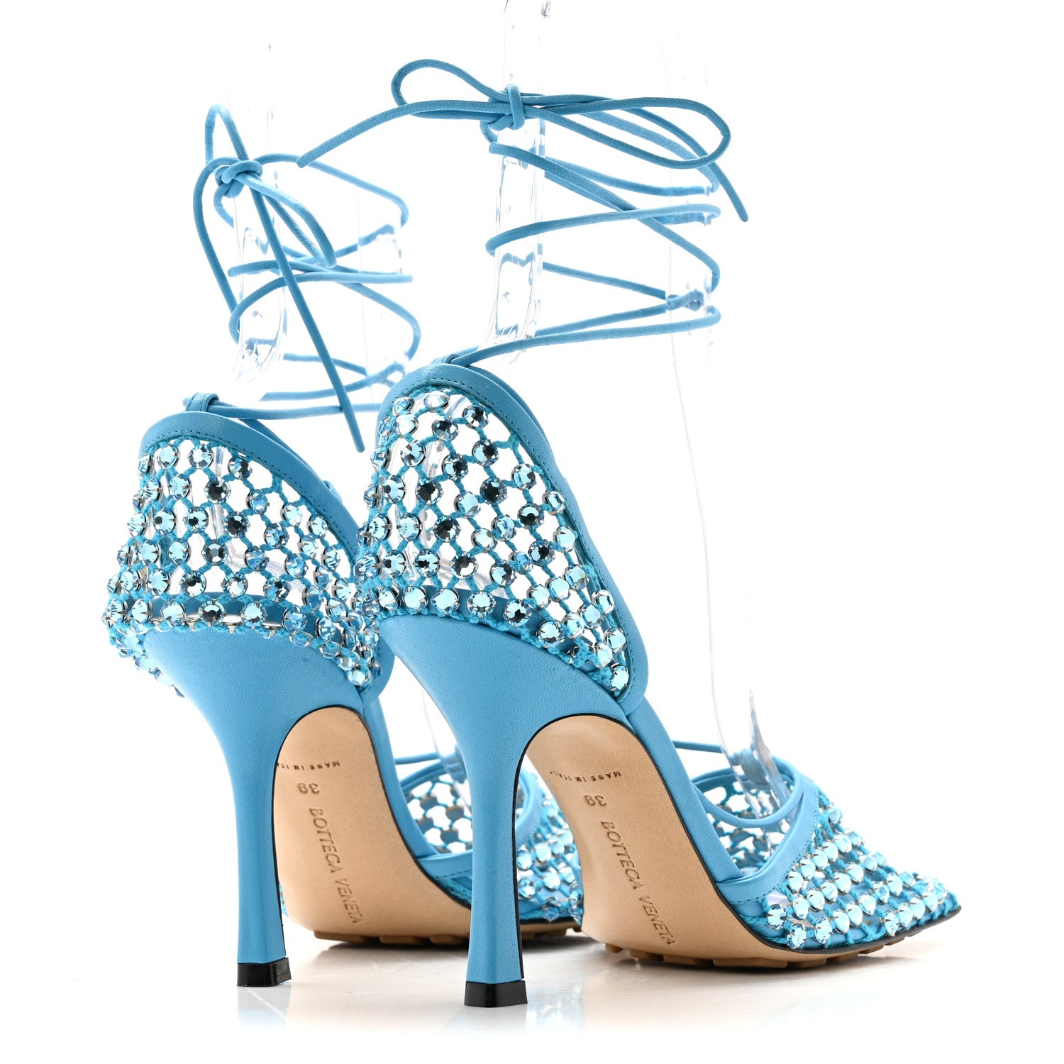 Bottega Veneta Mesh Nappa Crystal Embellished Sparkle Stretch Ankle Tie 90mm Sandals 39 Pool 5 of 11