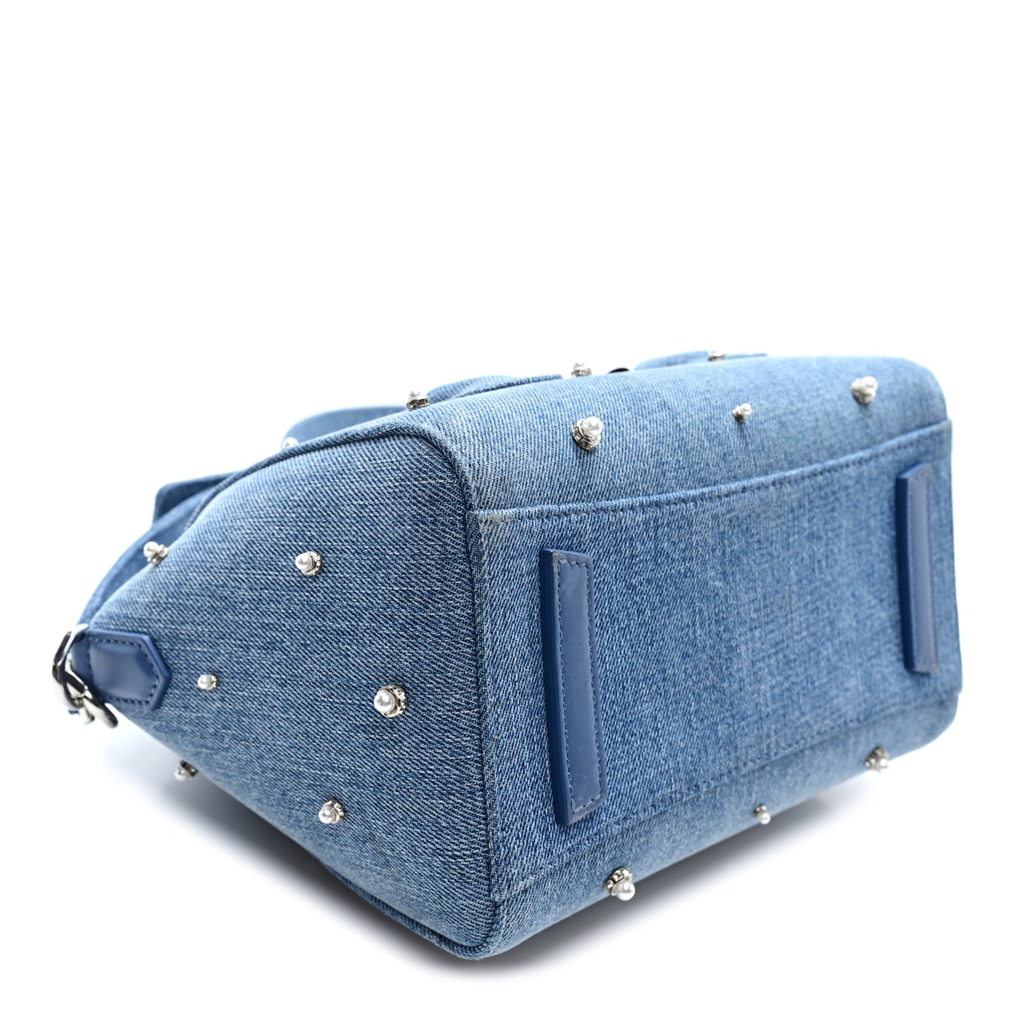 Denim Pearl Embellished Mini Lock Antigona Shoulder Bag Blue